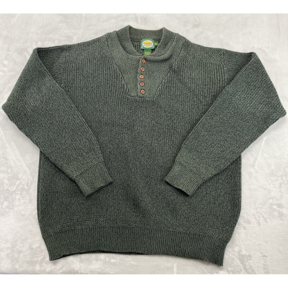Vintage Cabelas Fatigue Sweater Men XL Tall Olive Green Henley Heavy Thick Knit